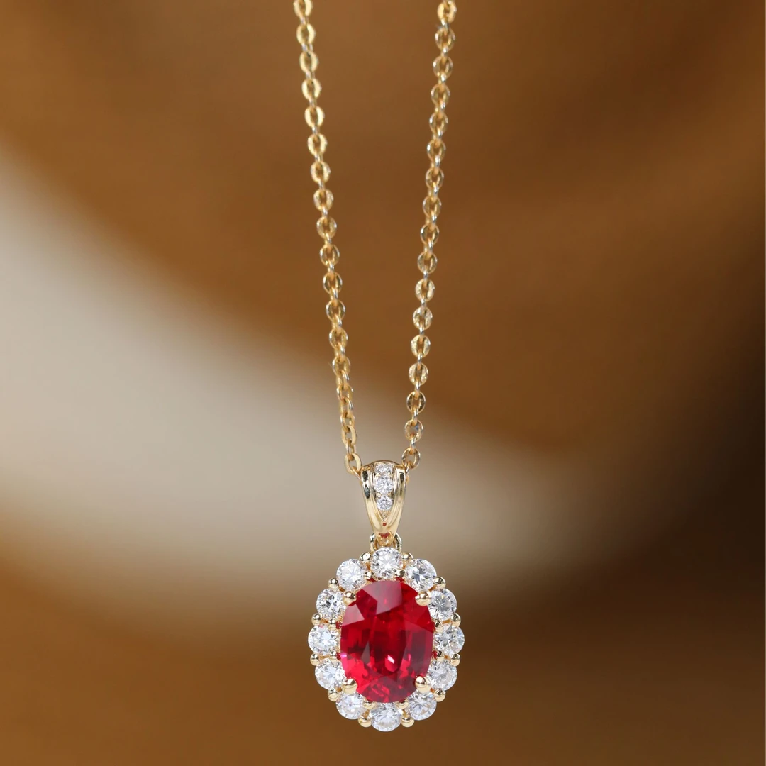 培育红宝石【三隆珠宝】#633  18K黄镶嵌红宝石吊坠  时尚百搭精美