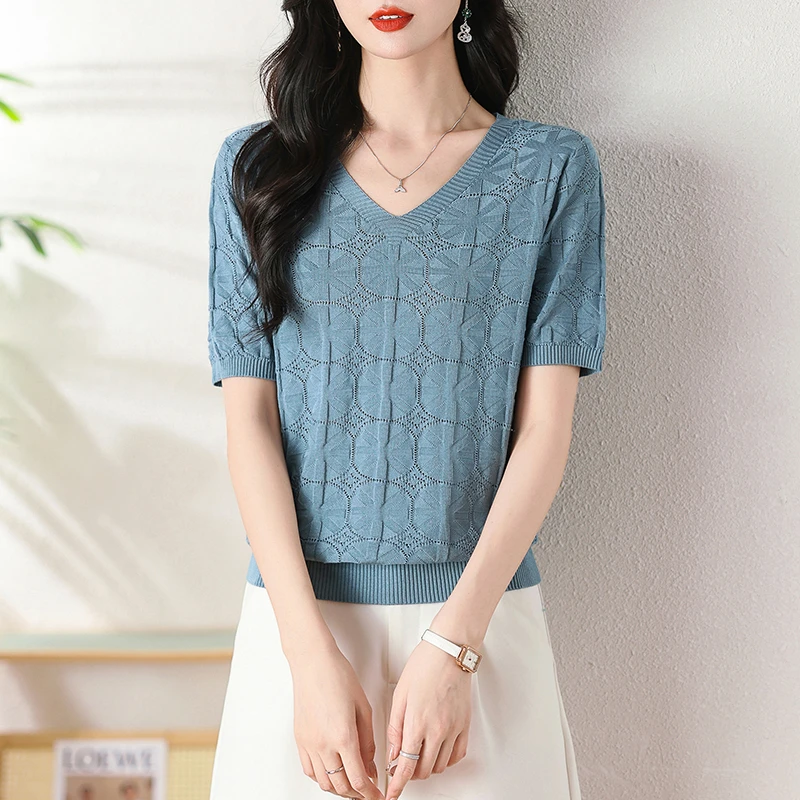 100%莱赛尔天丝针织短袖显瘦遮肚紫夏季T恤女宽松V领凉快遮肚上衣