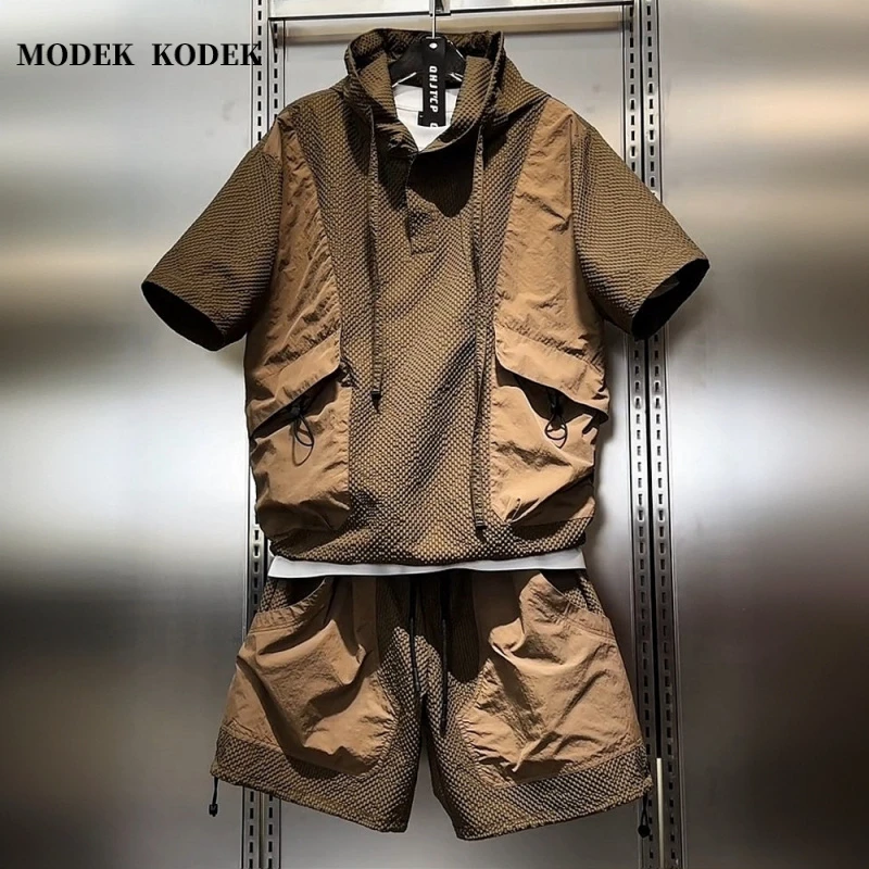 MODEK KODEK夏季速干宽松男士工装短袖潮牌透气休闲直筒短裤套装