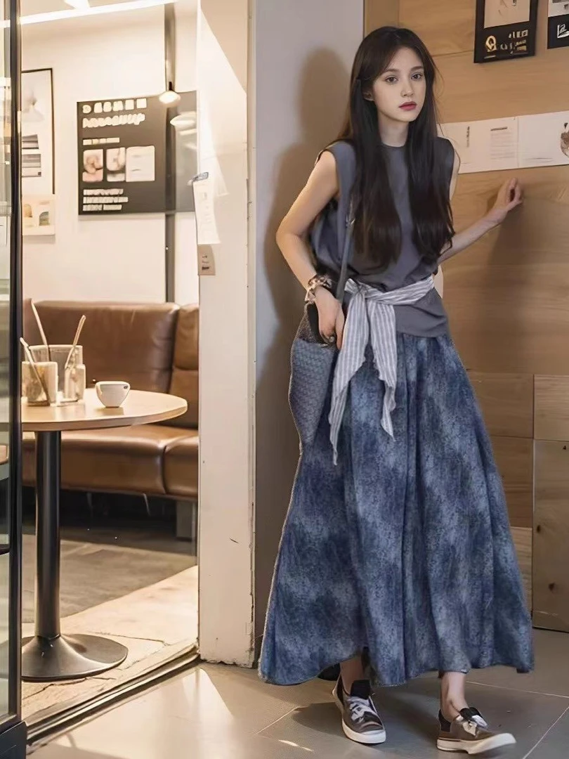 2025夏季新款小个子穿搭一整套时尚气质灰色上衣印花半身裙套装女