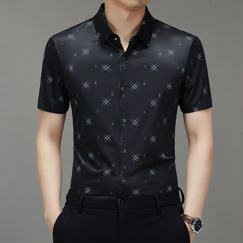 新款无痕冰丝短袖花衬衫男士宽松半袖休闲中年爸爸装碎花衬衣夏季