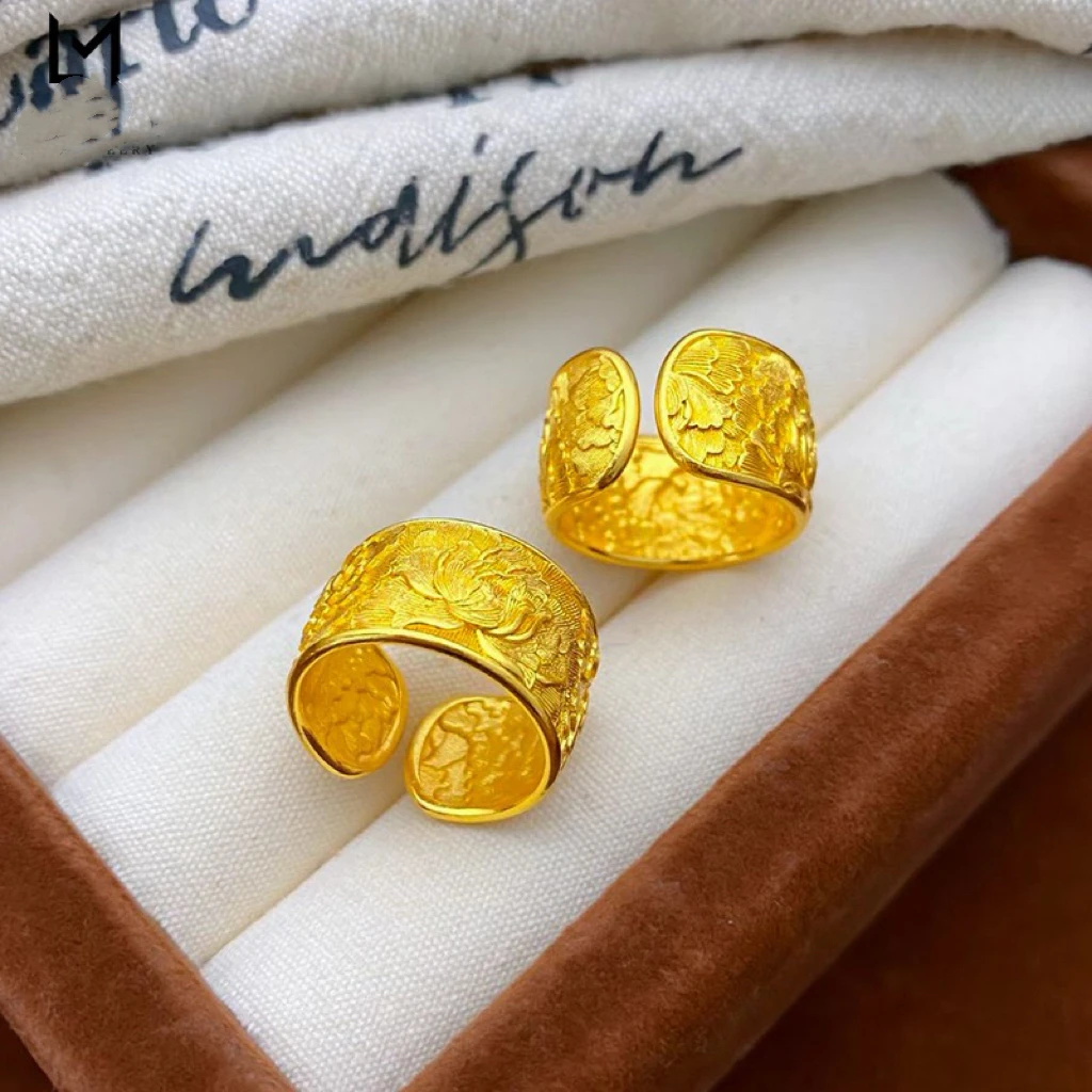 铜合金戒指 铜合金 新中式錾刻牡丹花宽面开口小众宫廷风指环款