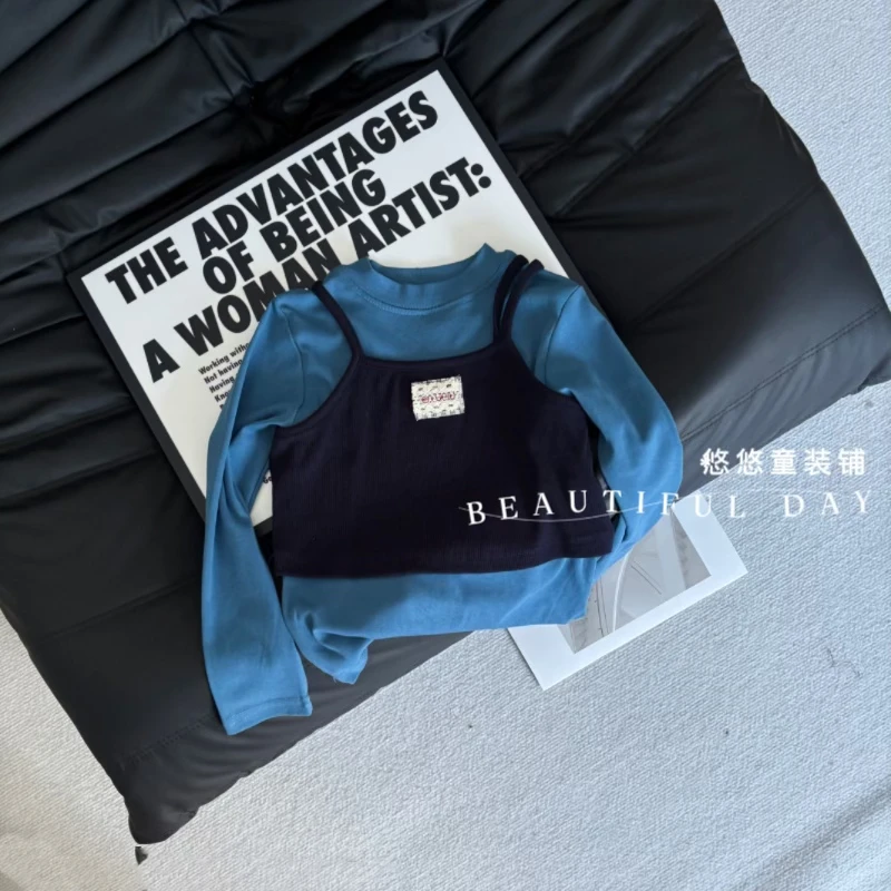 【两件套】秋上新女童长袖t恤背心叠穿设计师款秋装上衣多巴胺马甲