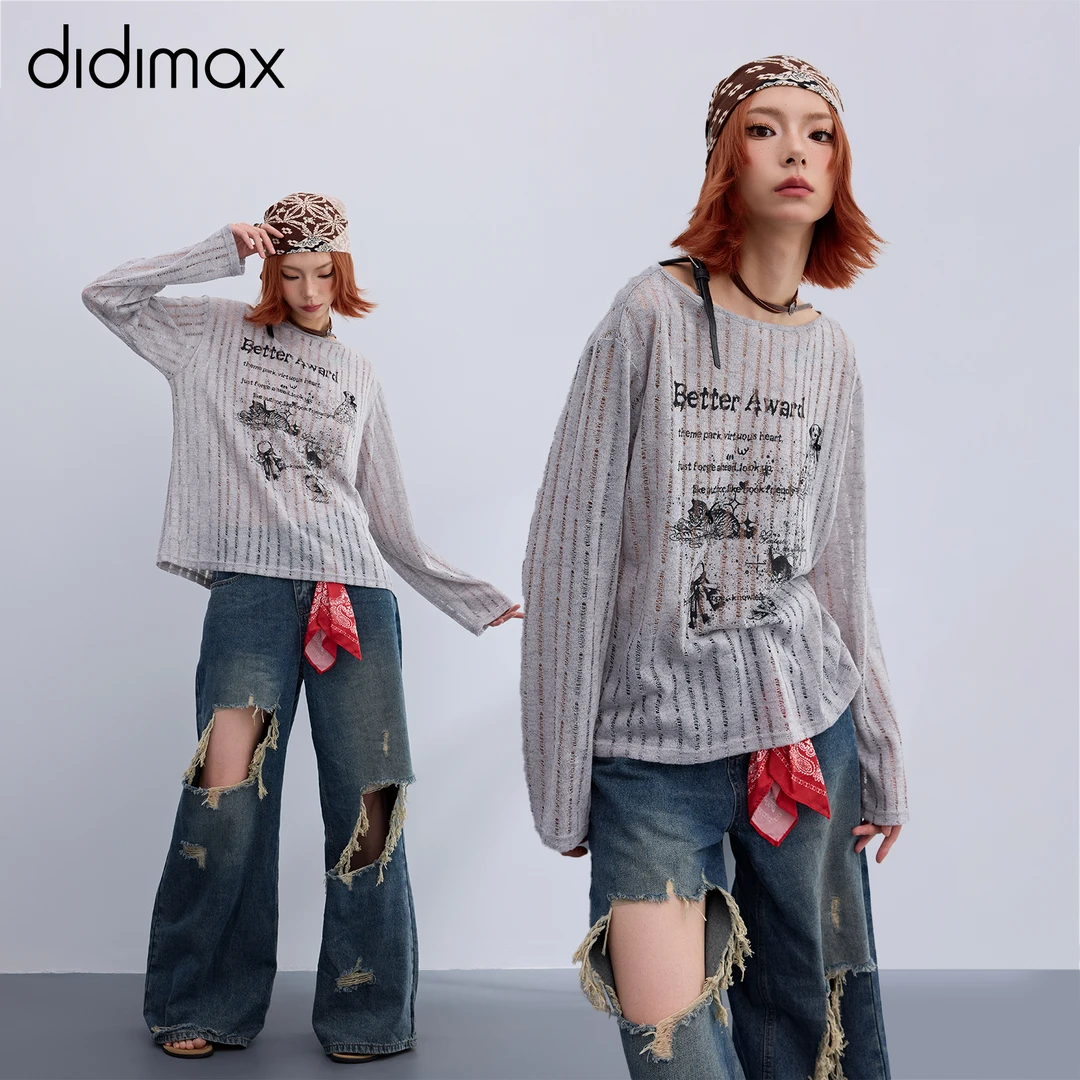 didimax秋季新款复古内饰长袖T恤衫宽松镂空女上衣原创设计Q24691