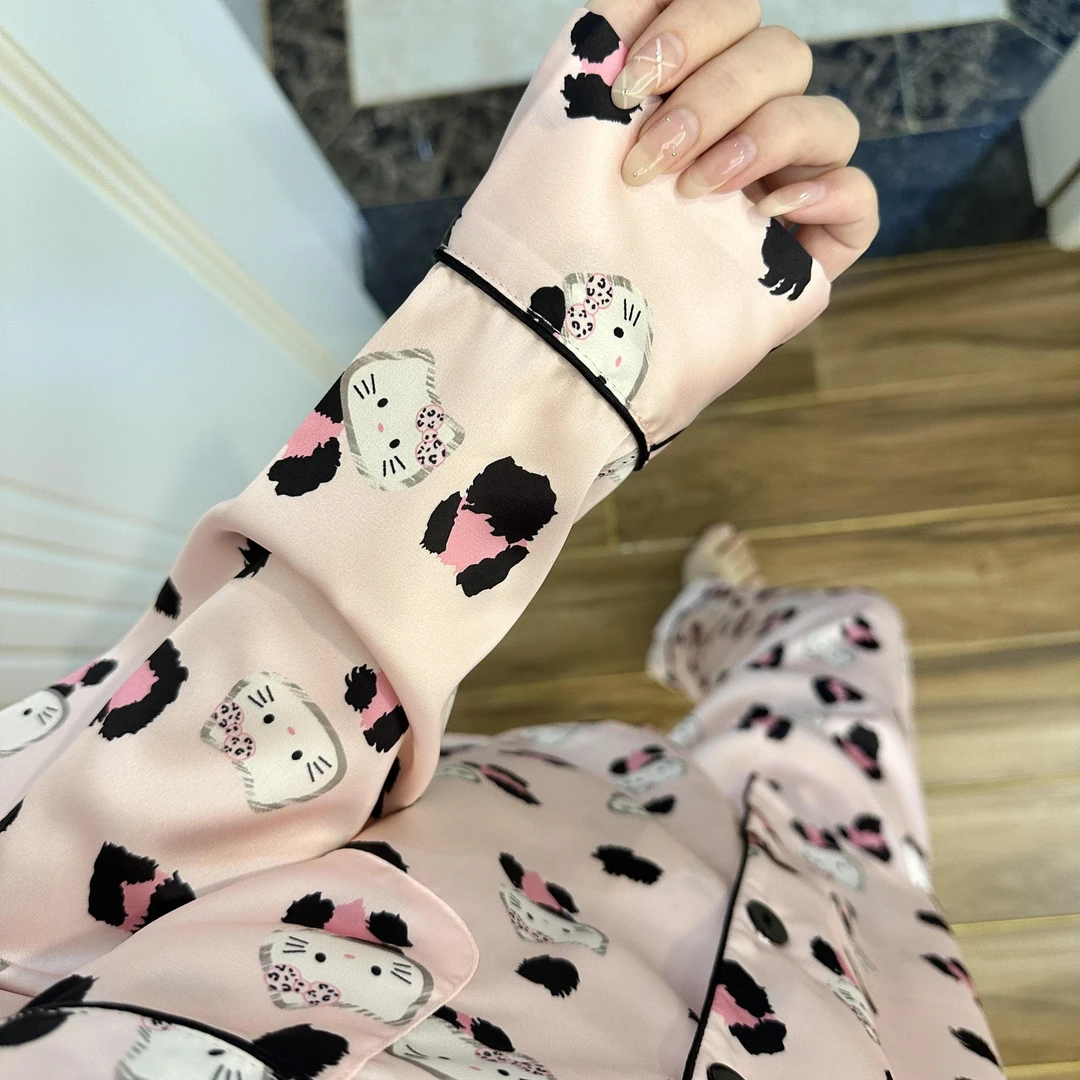 韩版粉色豹纹Kitty酱睡衣女休闲可外穿冰丝长袖两件套时尚家居服