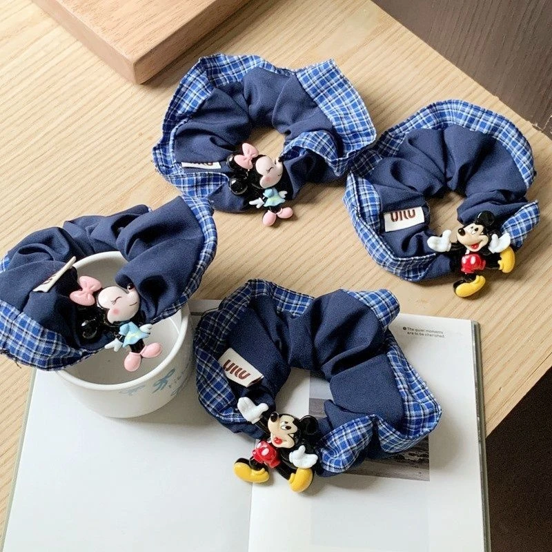 新款卡通米奇小肠圈蓝格边设计头绳ins可爱少女扎丸子头发绳皮筋