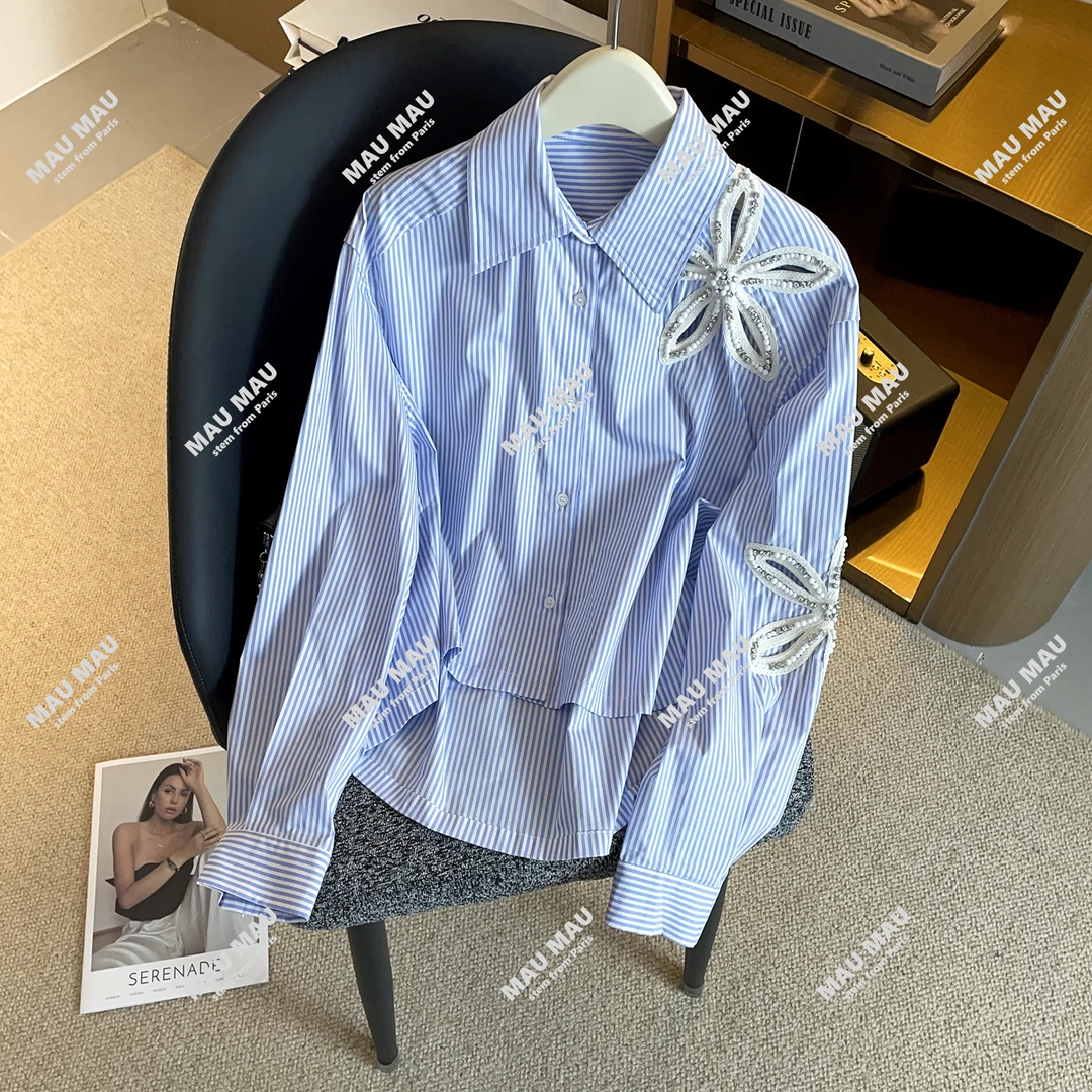 2025秋季休闲百搭减龄重工钉珠镂空花朵不规则条纹衬衫上衣SM5287