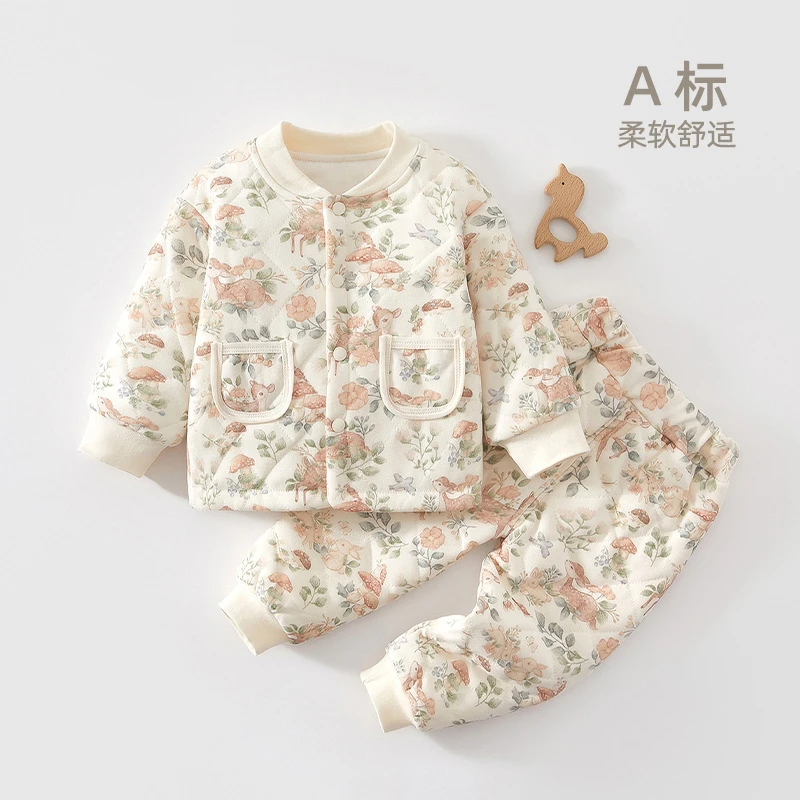 120g婴儿夹棉套装10-20度秋冬装两件套宝宝分体棉衣棉裤加厚睡衣