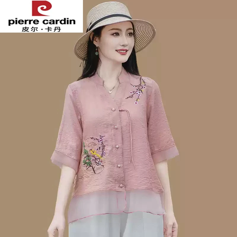 皮尔卡丹新中式中袖衬衫女夏新款民族风别致漂亮小衫遮肚妈妈薄款