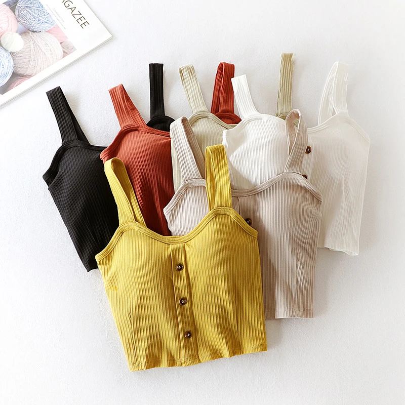 带胸垫纽扣露脐背心女士夏季修身内搭打底吊带美背可外穿一件代发