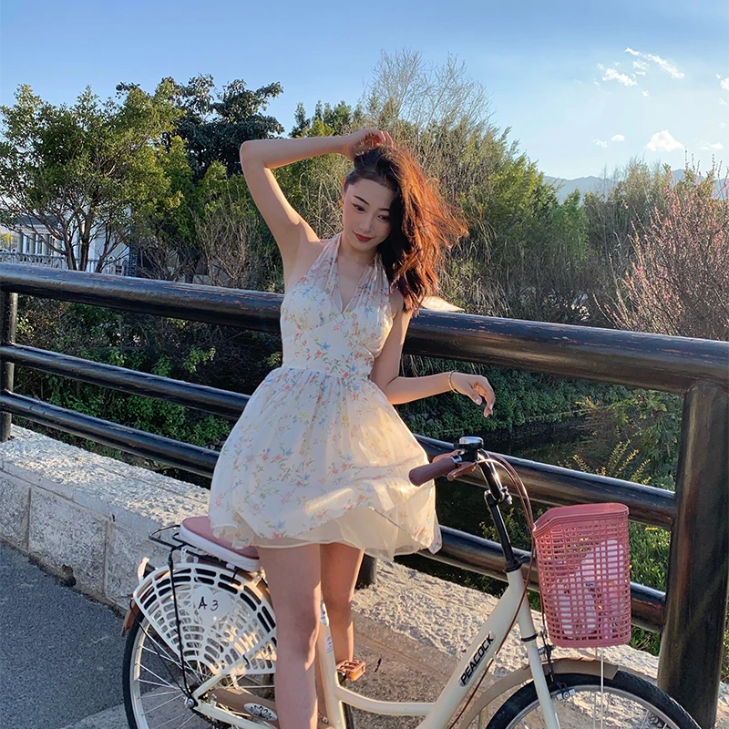 小丽蝶舞碎花雪纺v领吊带挂脖连衣裙小个子芭蕾公主短裙春夏