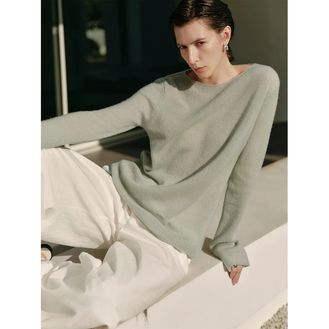 MSBEAST春季R0W风 云感羊绒花纱慵懒简约微透氛围感船领毛衣套衫