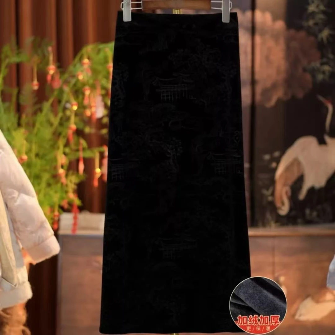 《 绸绣花-裙子》2025新中式国风提花女士丝绒百搭半身裙-飞