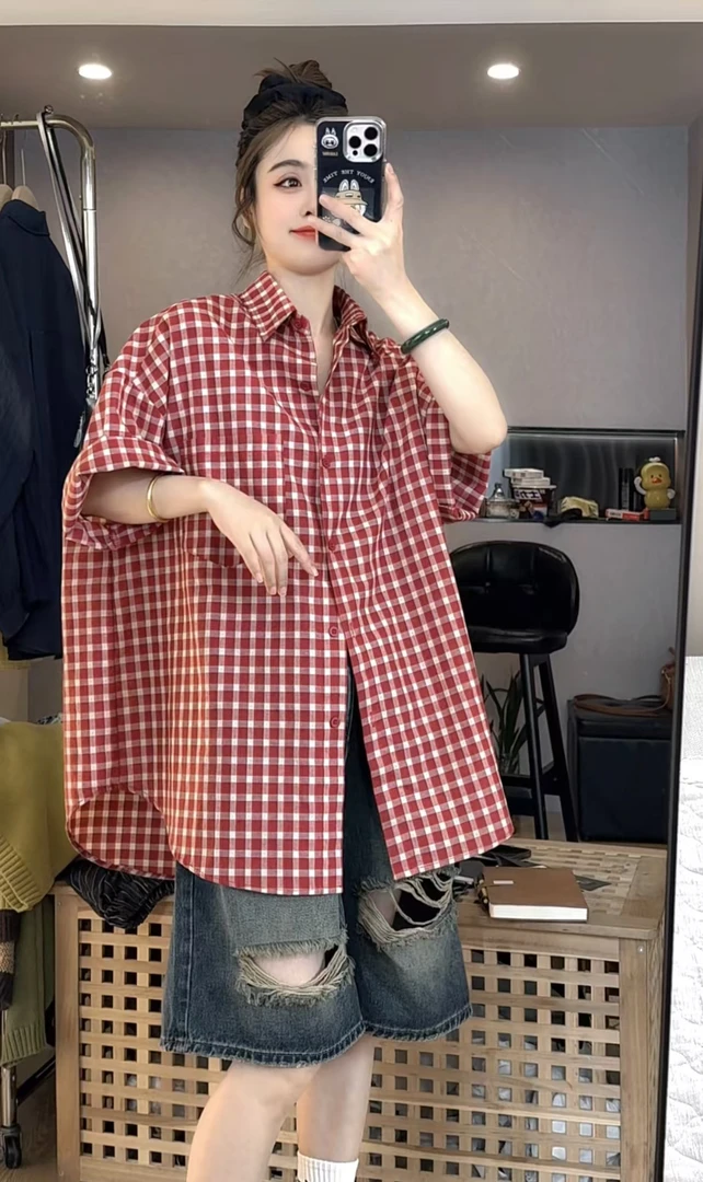 柚柚酱夏季新款休闲宽松时尚百搭美式格子短袖衬衫