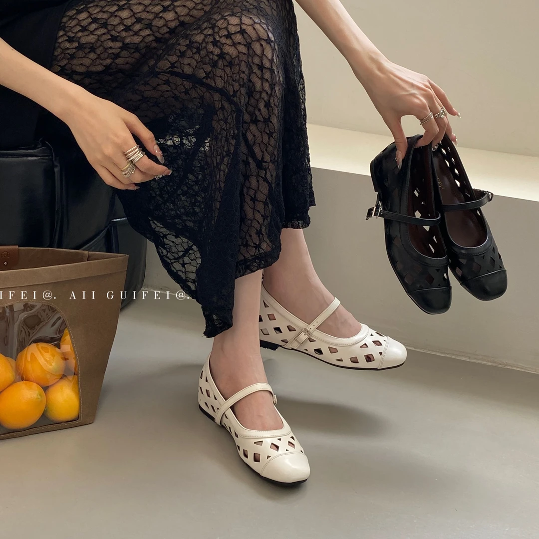 GF-055-2法式一字扣带镂空玛丽珍鞋2025年夏季平底圆头浅口单鞋女