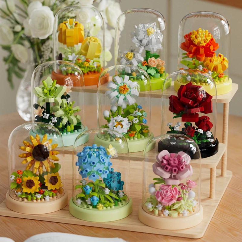 秘境花语永生花积木摆件带防尘罩益智拼装积木玩具520送女朋友