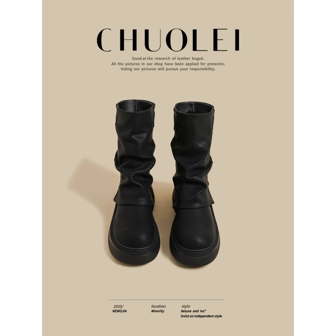 2025秋冬季新款厚底骑士短靴女黑色堆堆褶皱裤管靴增高英伦马丁靴