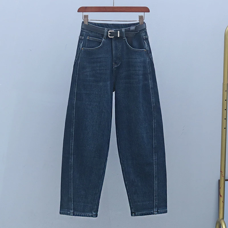 2025年冬季加绒加厚深蓝色牛仔裤时尚百搭哈伦裤女式高腰老爹长裤