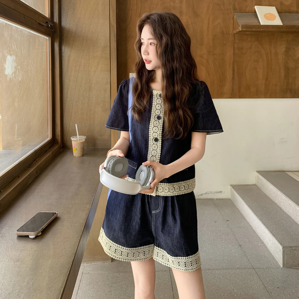 韩系复古蕾丝拼接牛仔套装女2025夏新款小个子通勤休闲短裤两件套