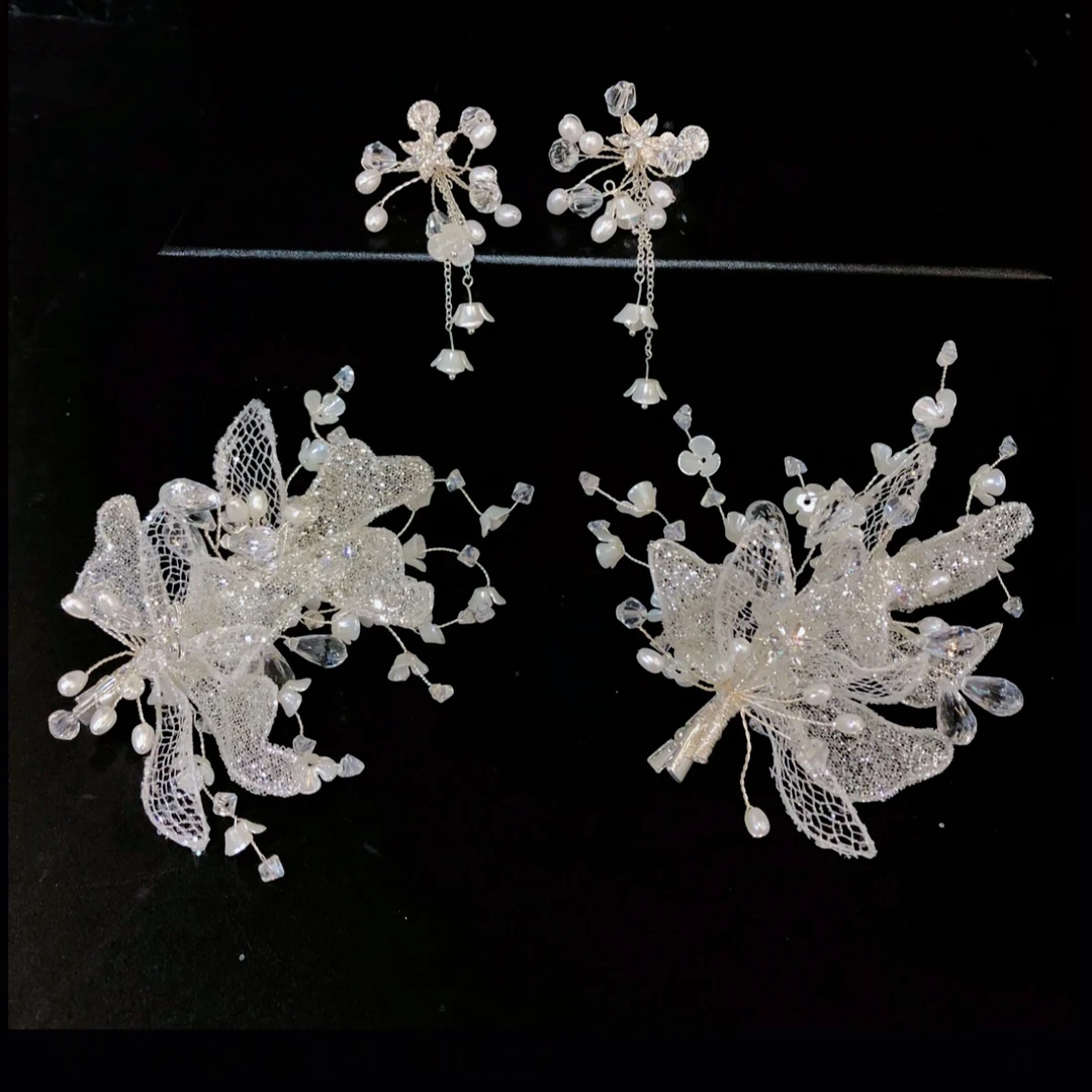 韩式森系超仙美水晶流苏边夹头饰新娘婚礼跟妆造型高级感发饰套装