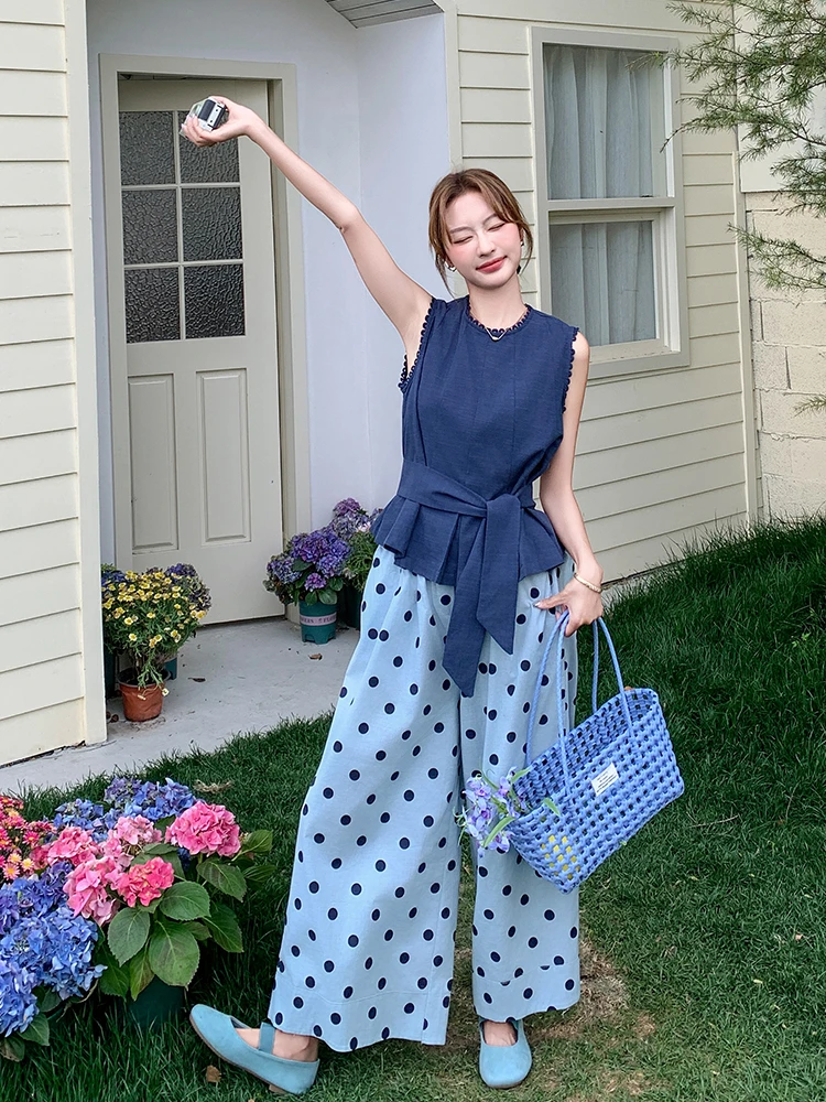 法式复古松弛感背心套装女夏季2025新款无袖上衣波点阔腿裤两件套
