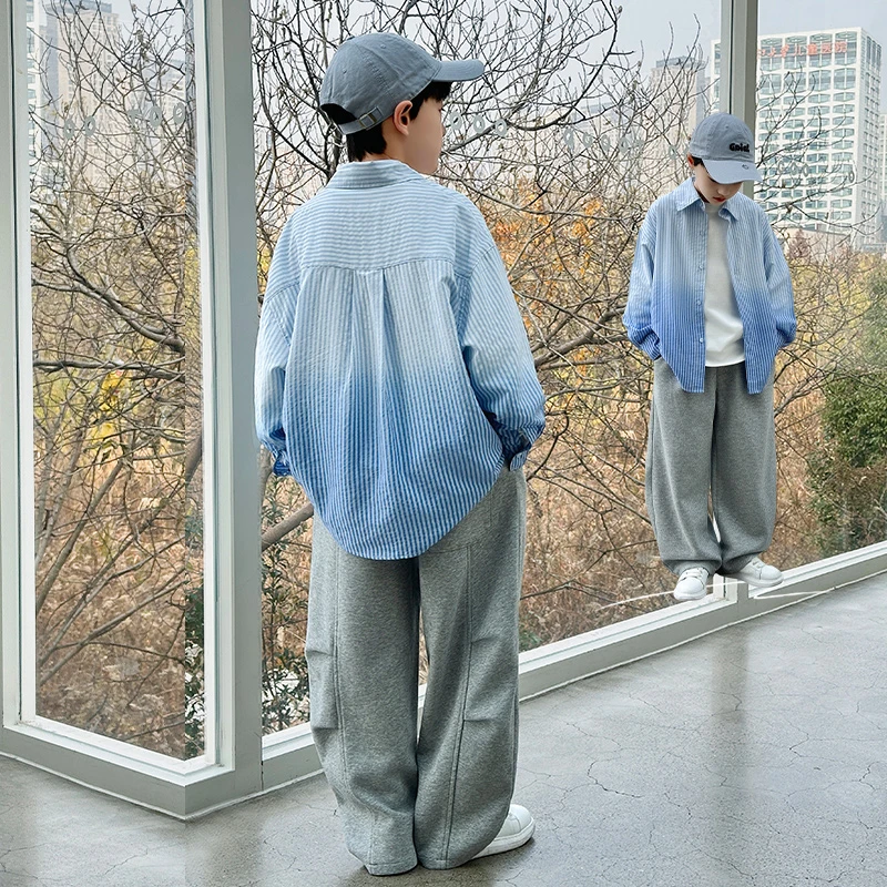 男童条纹衬衫春秋款2025爆款春装男孩长袖洋气儿童宽松上衣CSW138