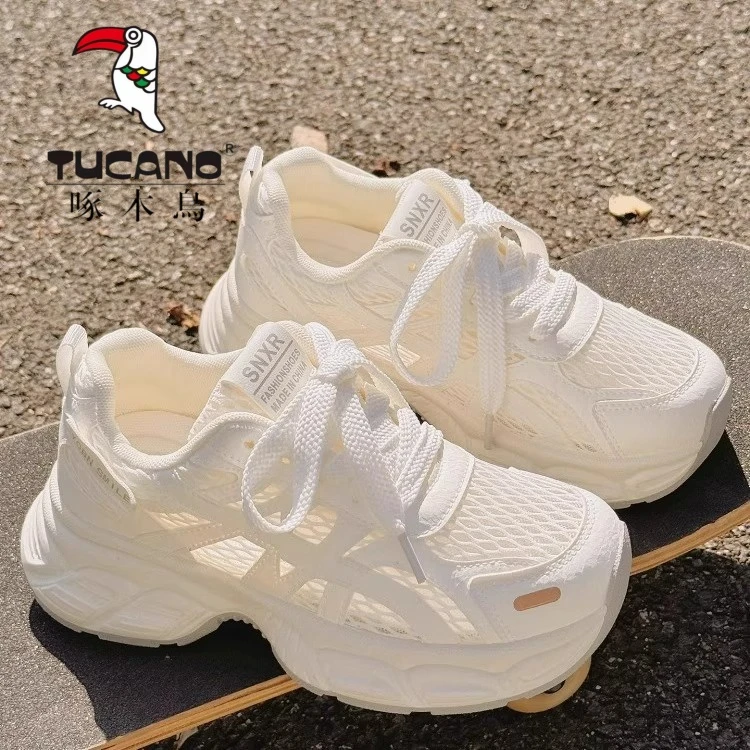 啄木鸟夏季透气老爹鞋女厚底小白鞋网面网鞋配裙子鞋子运动休闲鞋