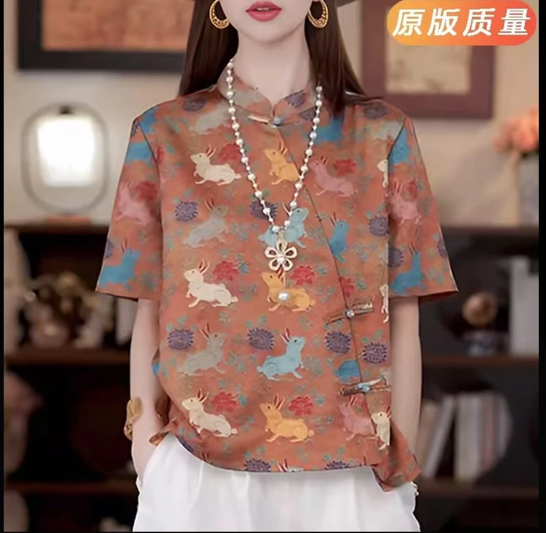 【玉兔奥黛】改良唐装上衣女短袖夏季新款国风印花衬衫新中式衬衣