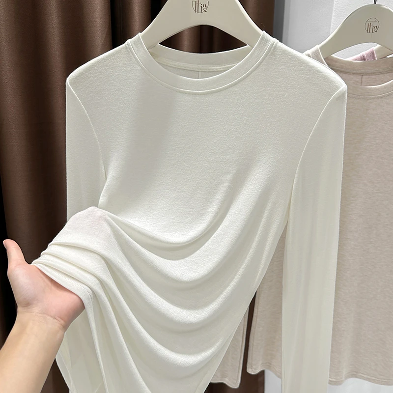 气质小圆领天丝打底衫女莱赛尔针织长袖t恤秋中长款修身内搭上衣
