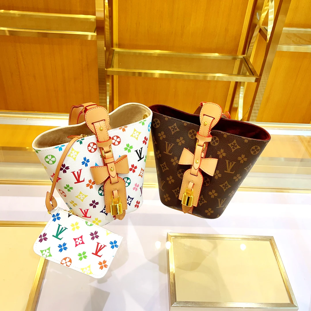 香港正品女包2025夏新款百搭通勤真皮三彩老花蝴蝶结水桶包斜挎潮