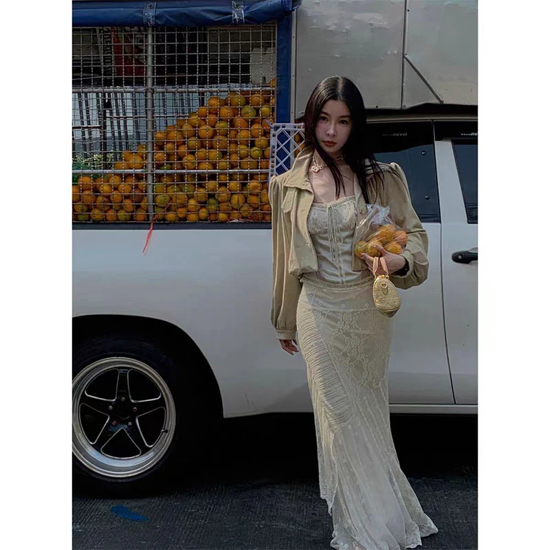 法式复古设计感春夏蕾丝拼接吊带背心外搭长袖开衫外套半身裙套装