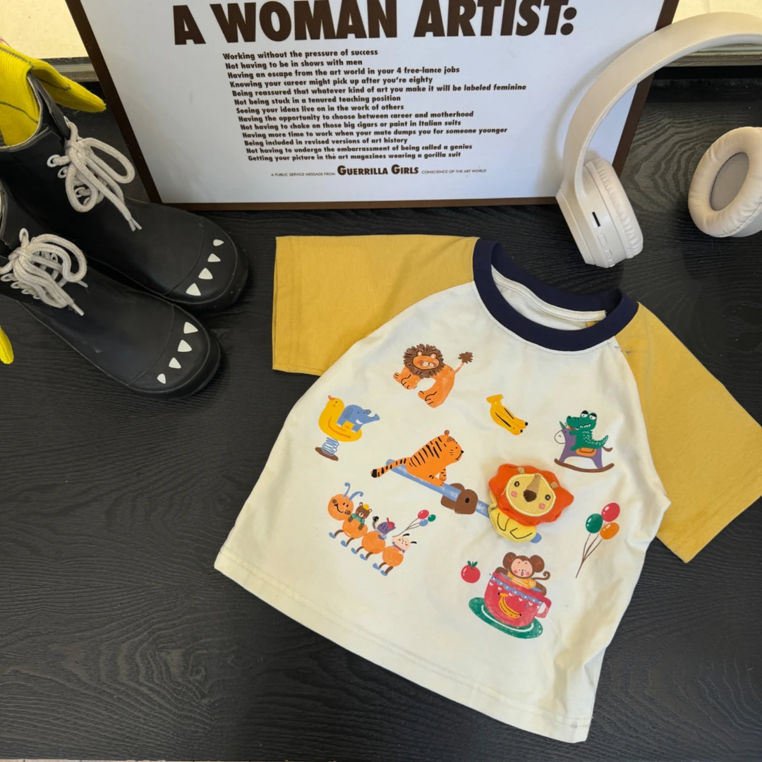 2025宝宝儿童时尚印花立体玩偶百搭休闲夏款短袖卡通T恤纯棉