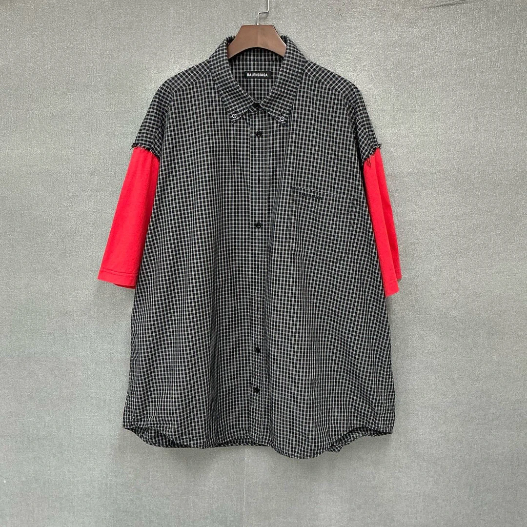 99新 Balenciaga/巴黎世家 刺绣logo格纹拼接衬衫短袖 39码/4602