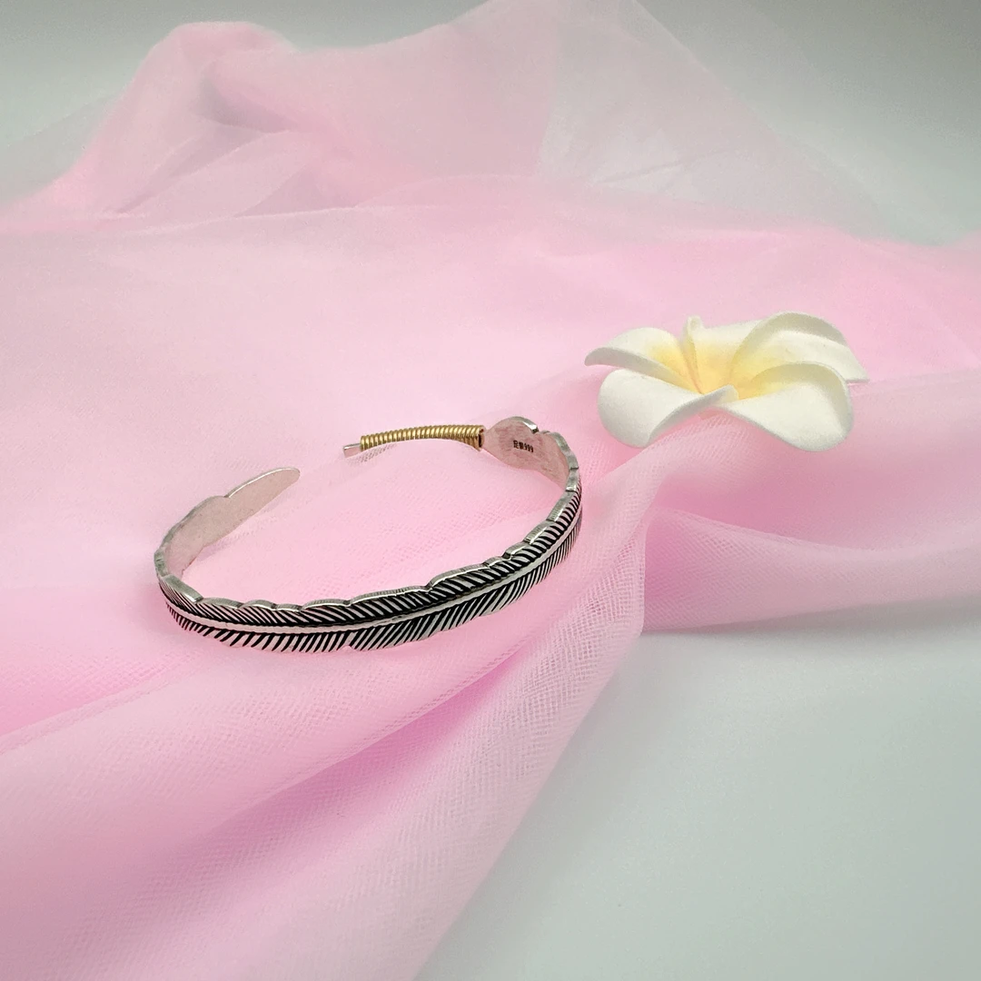 足银手镯 唐草纹羽毛9999银手镯男小众百搭轻奢潮流高级个性复古