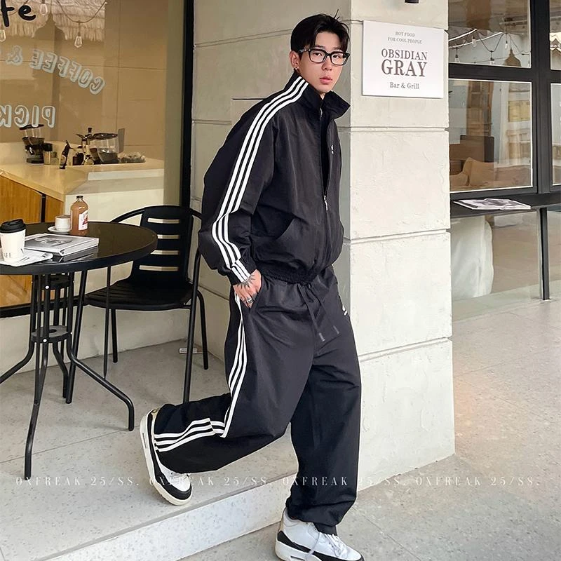 OXFREAK 「三条杠 运动套装」经典条纹速干夹克男直筒运动休闲裤