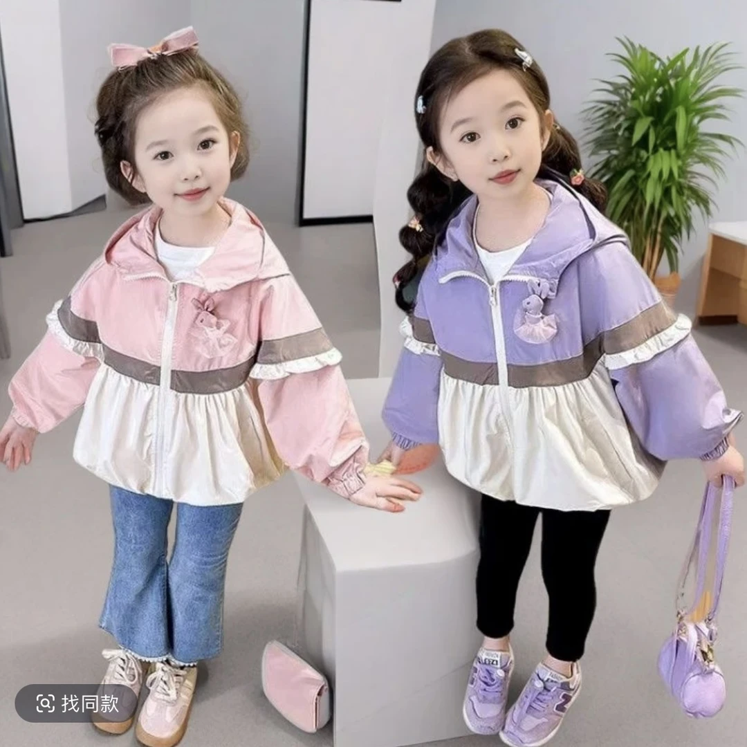 Y【优选】女童时尚拼接百搭外套 女宝休闲韩版拼色卡通带帽外套sy