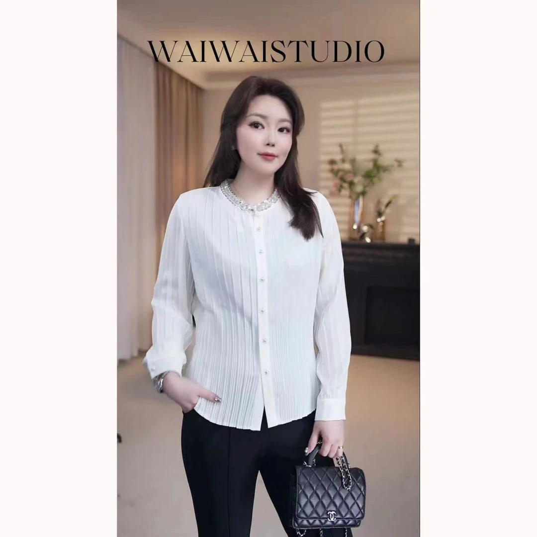 【丝丝格调】显瘦法式风琴褶皱设计钉珠衬衫 25S185