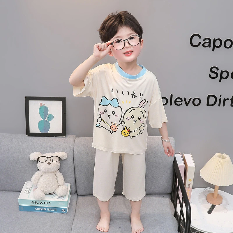 儿童莫代尔睡衣男童女孩夏季薄款卡通家居服套装宝宝七分袖空调服