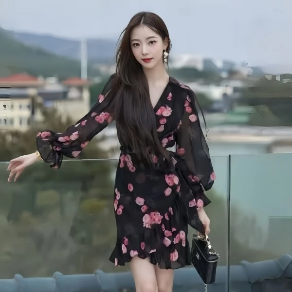 裙子女款爆款2025新款高级感气质法式荷叶边收腰碎花连衣裙女夏季