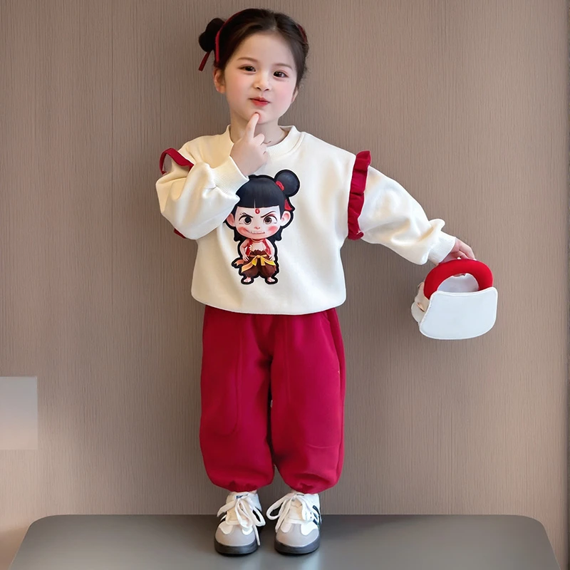 女童哪吒花边卫衣套装2025春秋女小童休闲运动两件套潮款宝宝卫衣