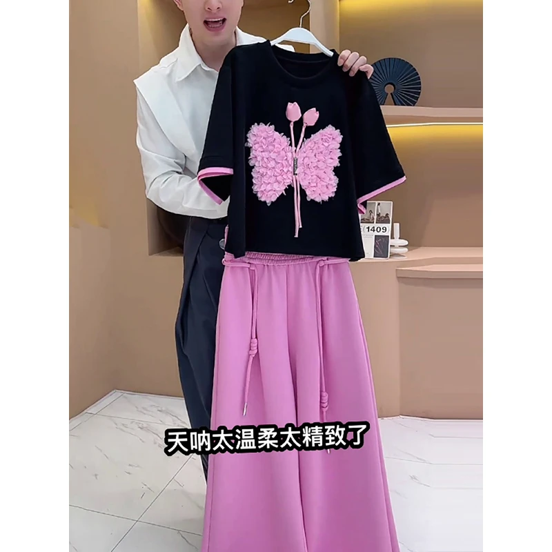 欧货夏季短袖运动套装女2025年新款韩版宽松高腰阔腿裤两件套显瘦