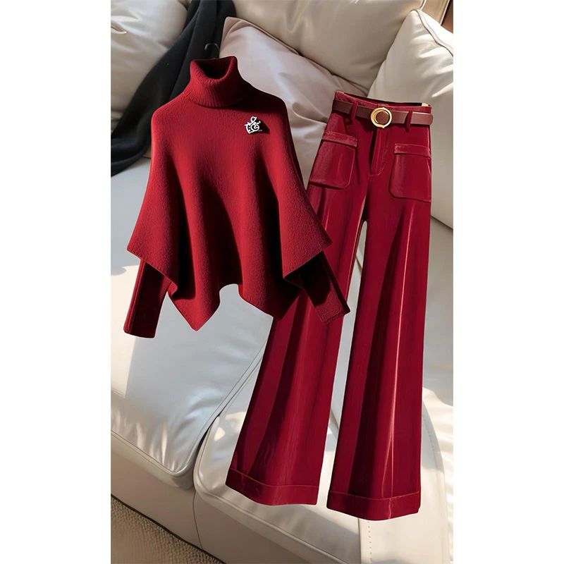 秋季套装女2025新款大码女装设计感气质时尚斗篷毛衣阔腿裤两件套