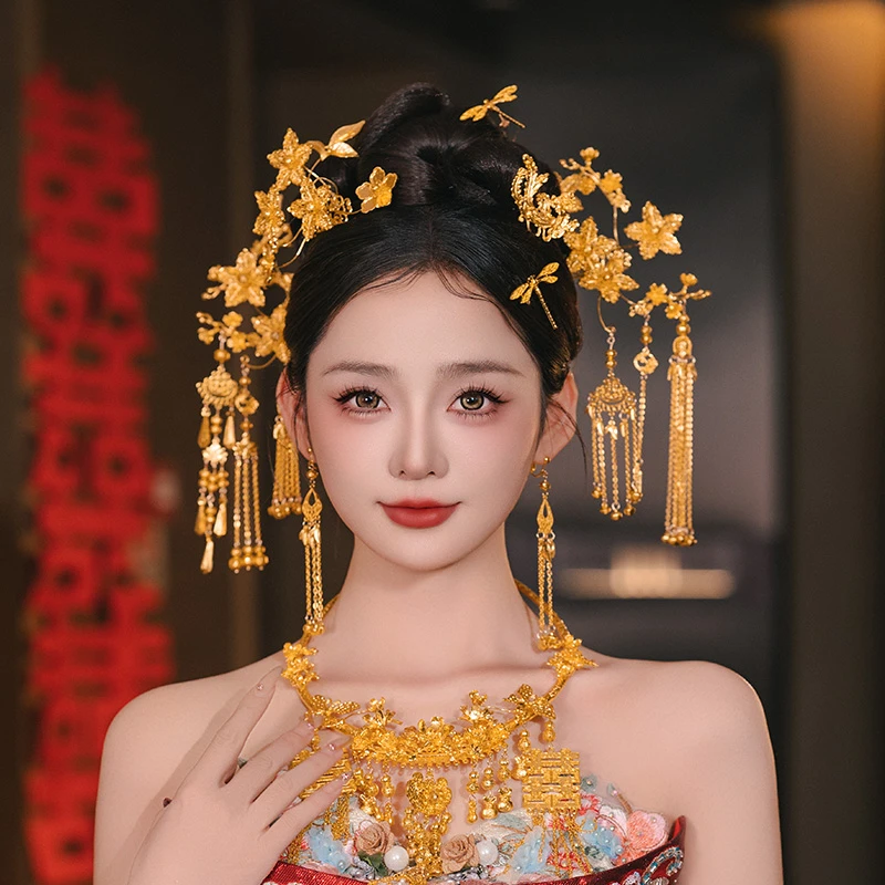 合金婚庆饰品 贵气金色新娘头饰新中式秀禾龙凤褂简约发饰品G0159