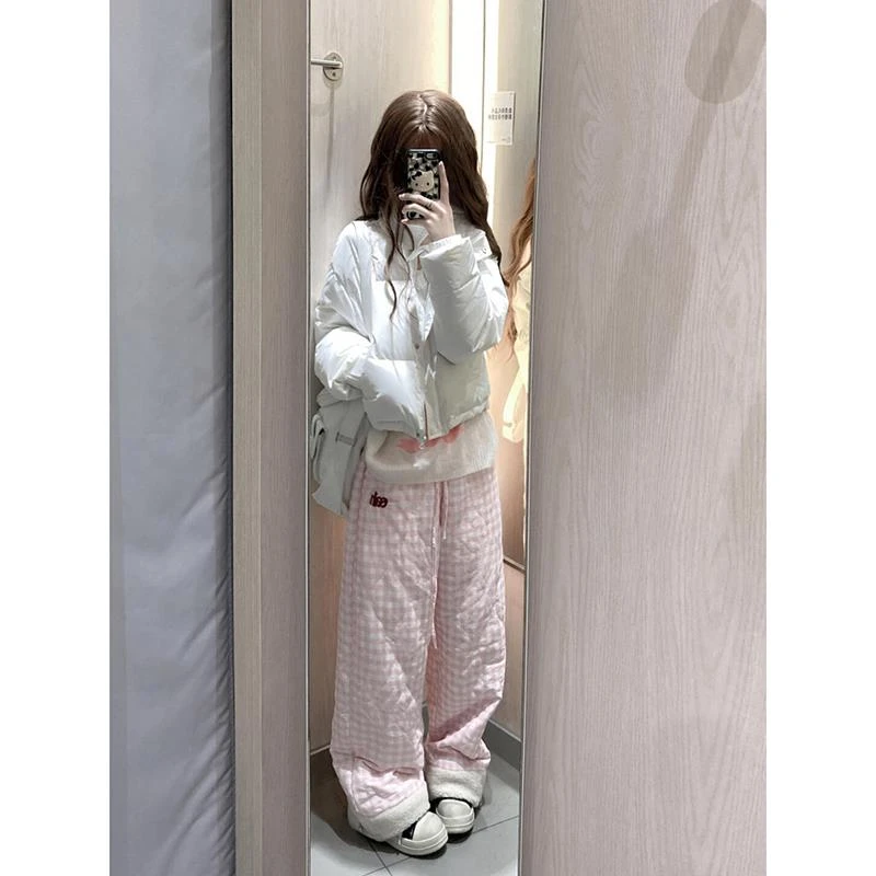 羊羔绒加厚格子棉裤女冬季情侣款裤子字母慵懒风氛围感保暖长裤