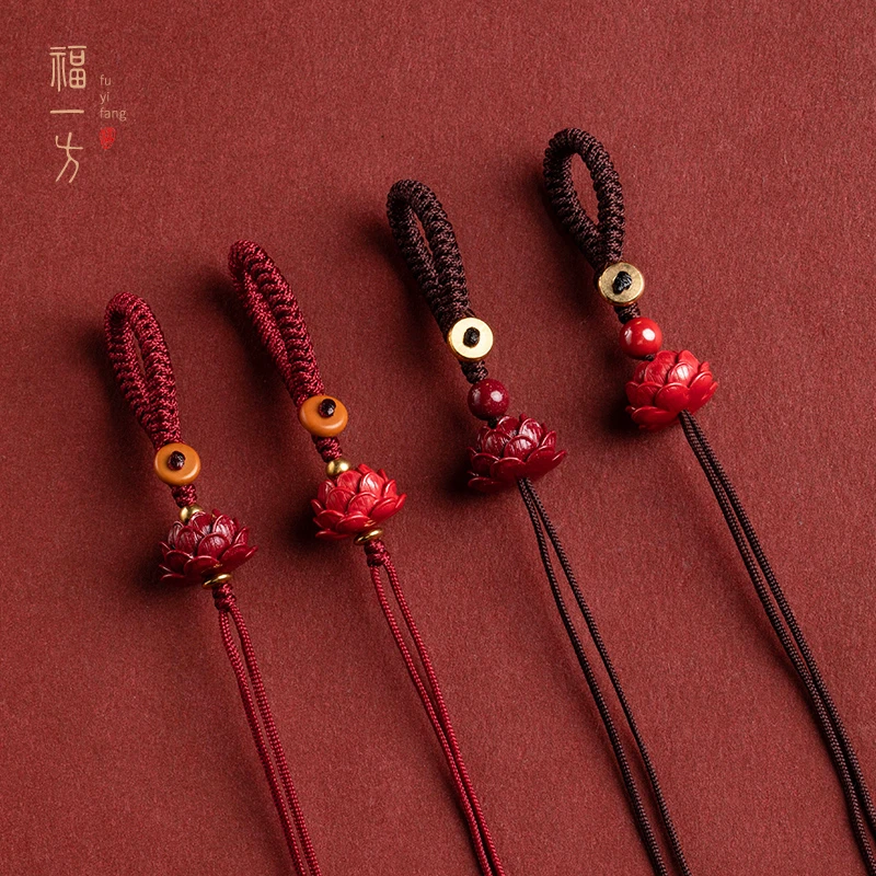 天然辰砂莲花高级感钥匙扣配件本命年文玩配天然辰砂车挂配饰