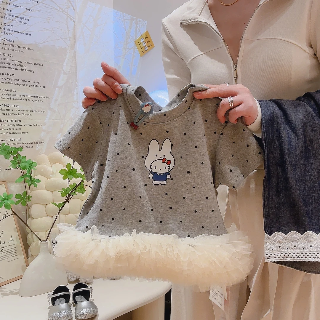 【可爱小兔】女童波点短袖T恤洋气打底网纱时尚凸凸裙