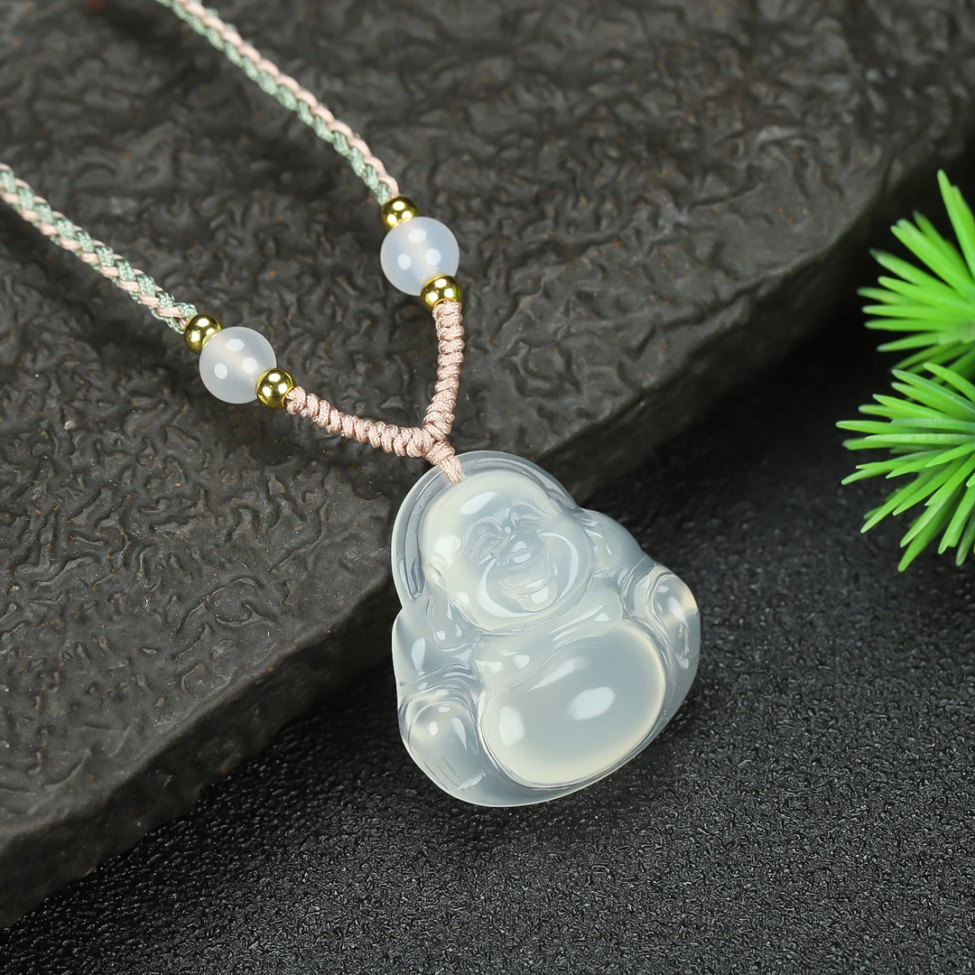 天然白冰玉髓佛公吊坠DZ274多样性发其一