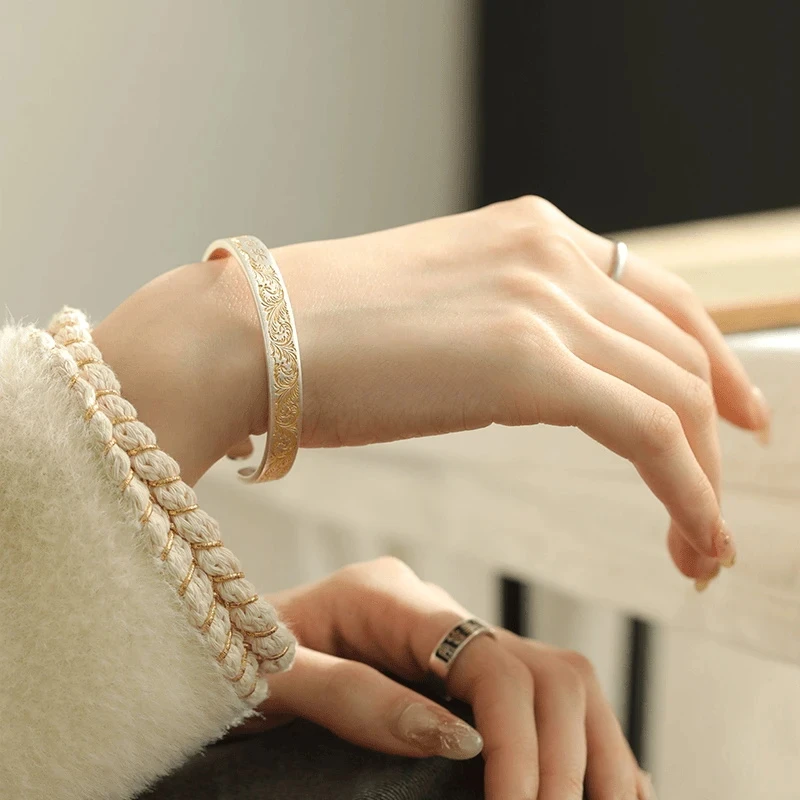 足银手镯 999.9 【27】27g 唐草纹气质描金手镯百搭