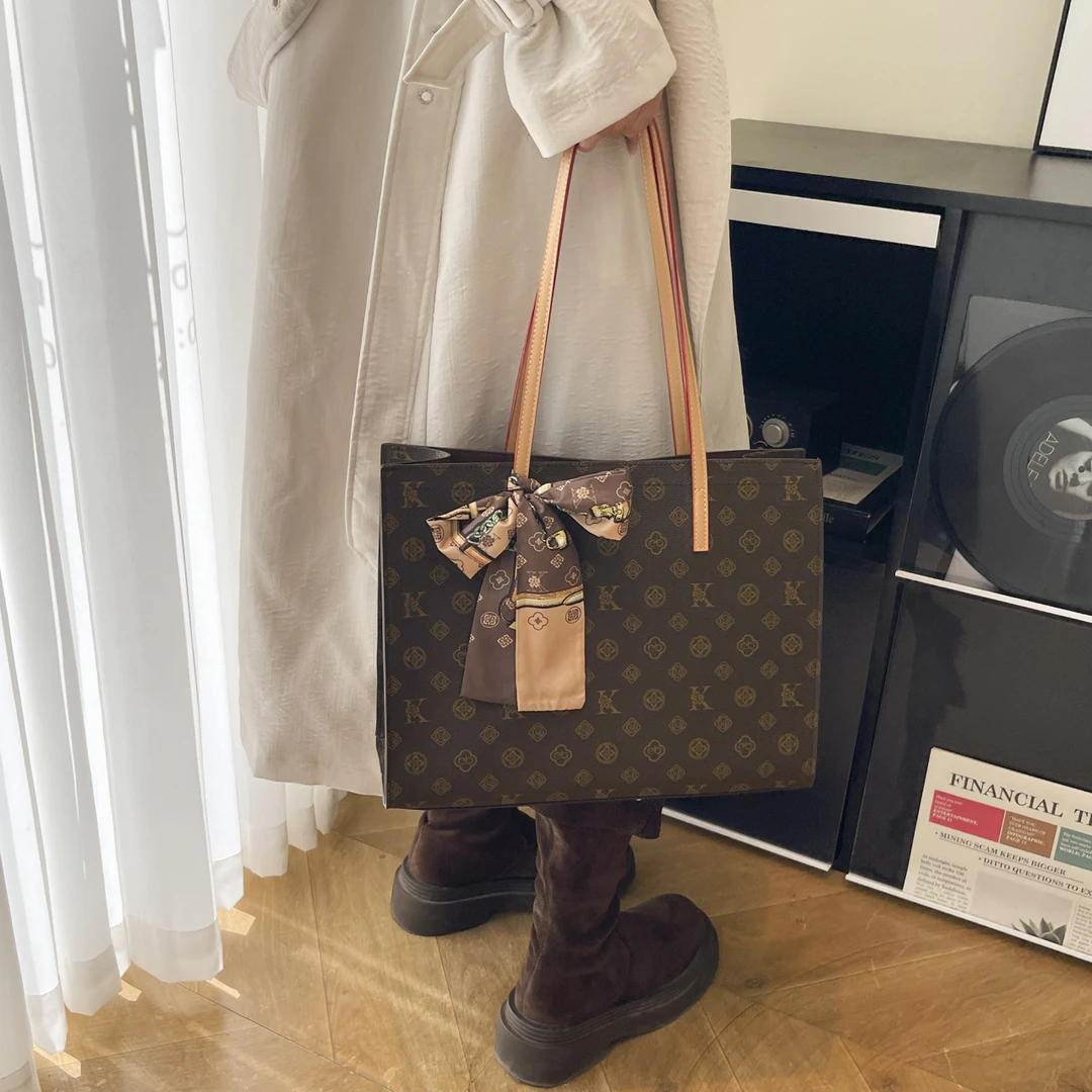 正品赛安娜高级感轻奢单肩包简约老花大容量托特包通勤洋气包包女