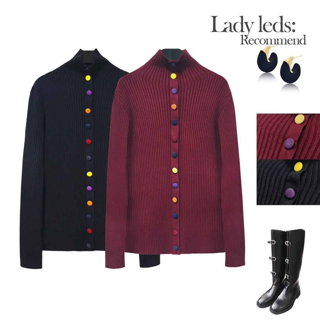 LEDS 6130冬季新款时尚两色彩扣显瘦修身毛衣打底衫